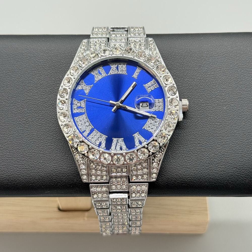 Mens Iced Out Luxury Watch Silver Hip Hop Bling Simulated Diamond Blue Dial New